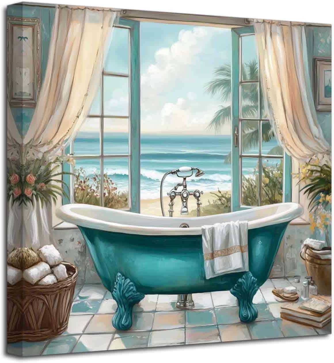 LZIMU Teal Bathroom Wall Art Blue Bathtub Picture Coastal Windows Painting Ocean Beach Turquoise Canvas Print Rustic Palm Trees Poster Sea View Artwork Home Decor (Teal, (12L x 12W))