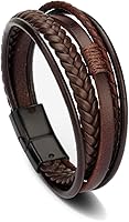 Arcutina Men's Black Leather Multi-Strand Braided Bracelet - Handcrafted Brown Accent, Magnetic Clasp, 8.3-9 Inch