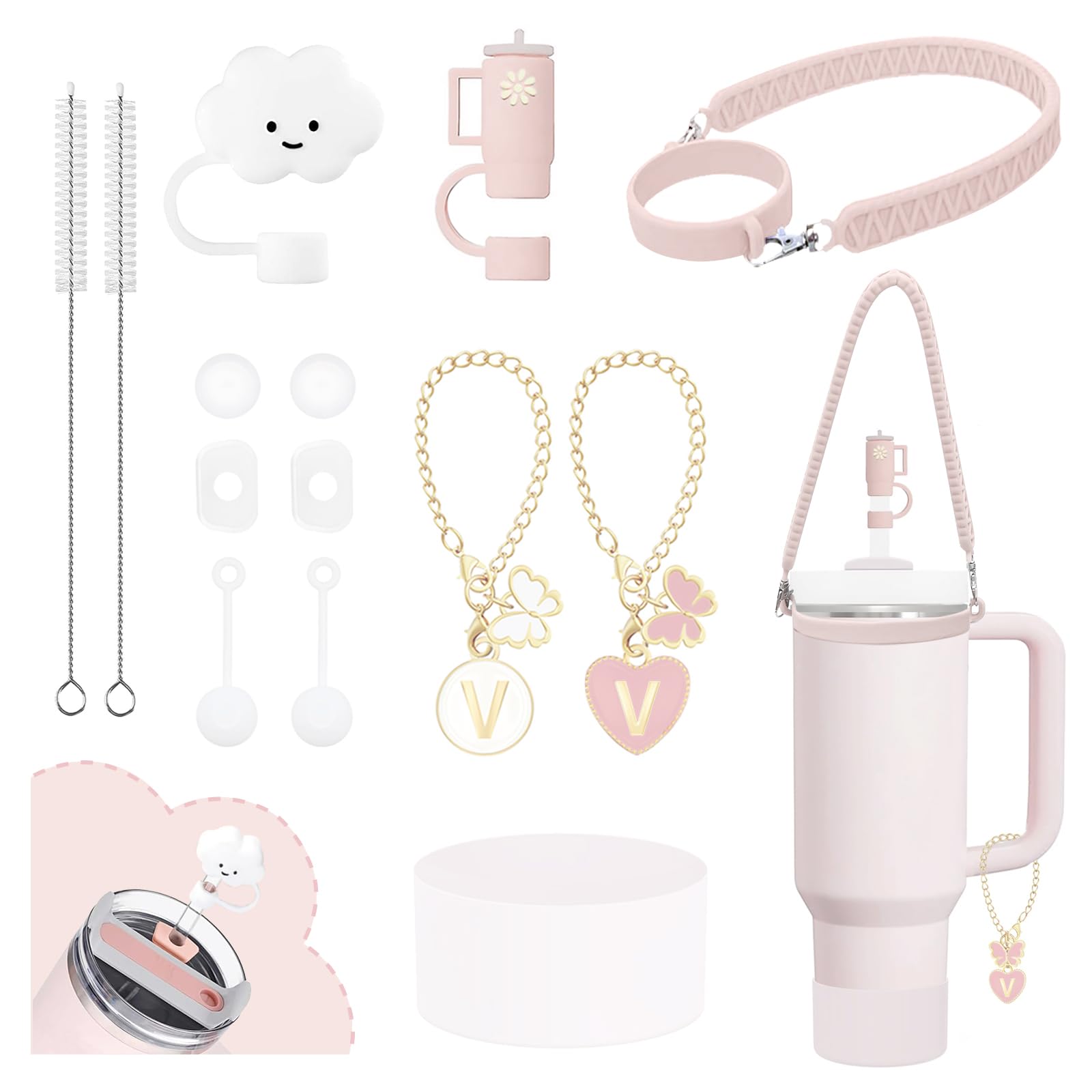 10Pcs Stanley Cup Accessories 9-10mm Stanley Straw Cover Topper Silicone Boot For Stanley Cup Initial Letter Charm Leak Proof Seal Kit Stanley 2.0 30&