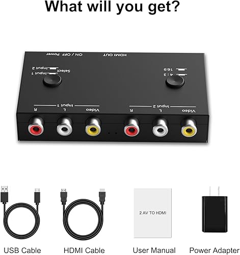 Miniatura 8 de Adaptador convertidor RCAAV a HDMI de 2 puertos compatible con 16943 para reproductores WIIN64PS1PS2PS3VHSVCRDVD, etc. (2 AV en 1 salida HDMI)