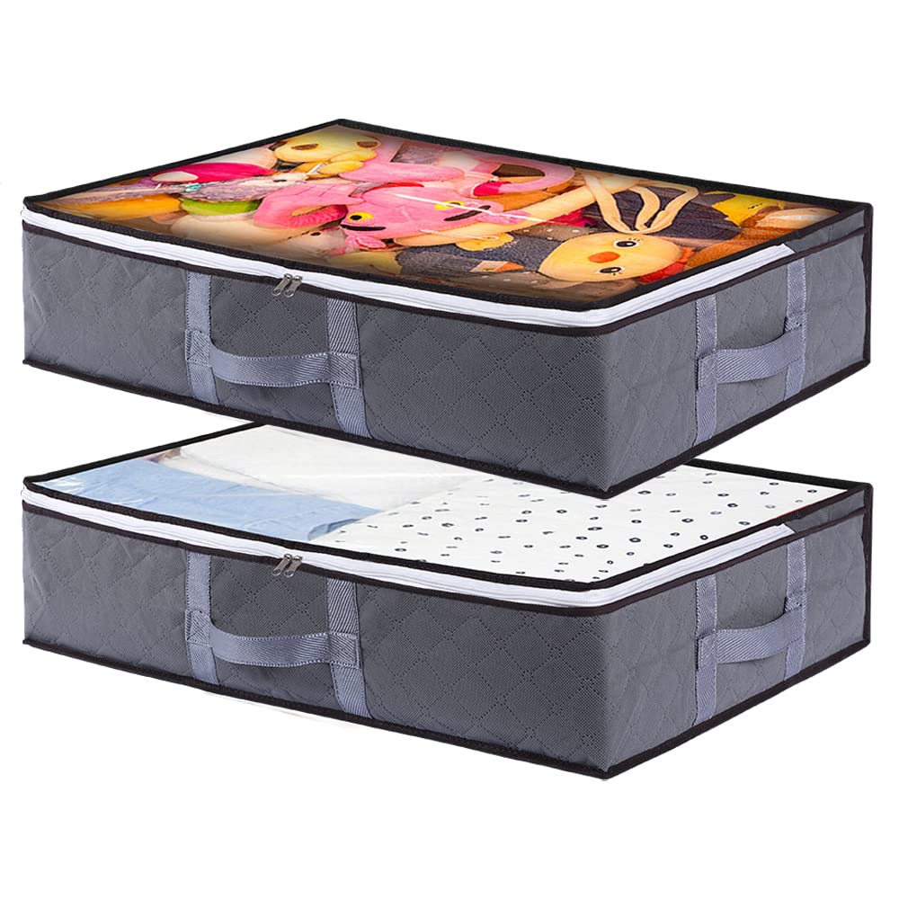Under Bed Storage Containers, Underbed Storage Bags with Zipper Clear Window Non-Woven Organizer for Clothes Sweater Comforter Blanket Quilts Pillow Toy 40L Grey 2 Pack