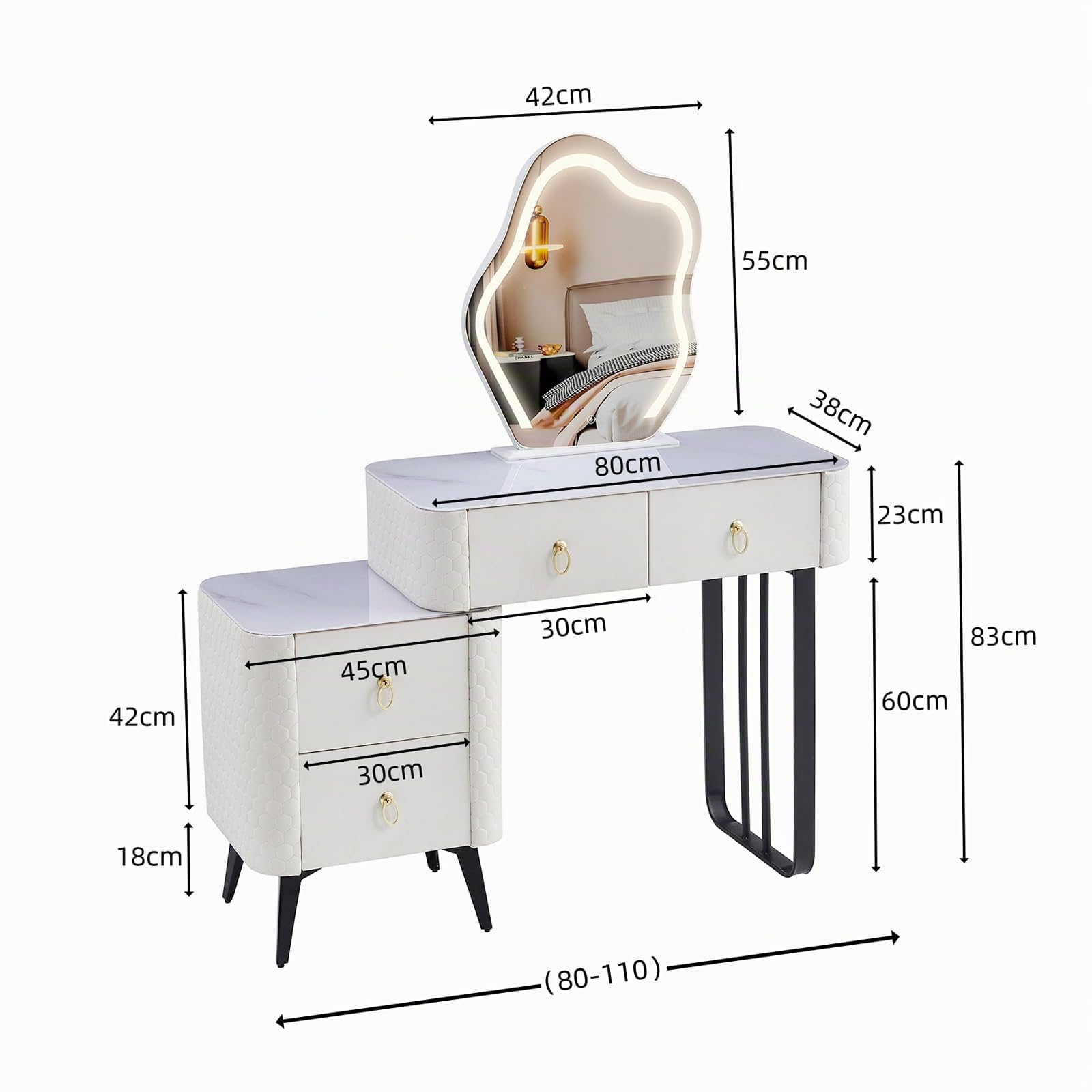 SHARPDO Coiffeuse avec Miroir LED, Caisson Aspect Simili Cuir & Plateau en Verre Trempé, Table de Maquillage avec 4 Tiroirs, Extensible 80 à 110 cm, Blanc, Compacte pour Chambre