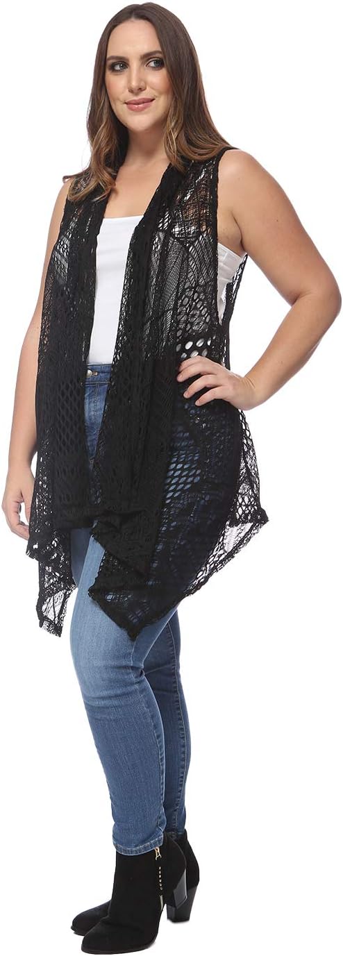 Anna-Kaci Women's Plus Size Bohemian Draped Open Front Crochet Bikini Cover Up Cardigan Vest