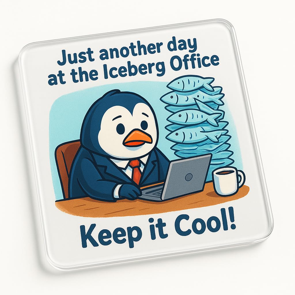 The Plum Penguin Iceberg Grind Acrylic Coaster Gift With Playful Penguin Design - Vibrant Iceberg Office Humour For Work Colleague Desk Décor