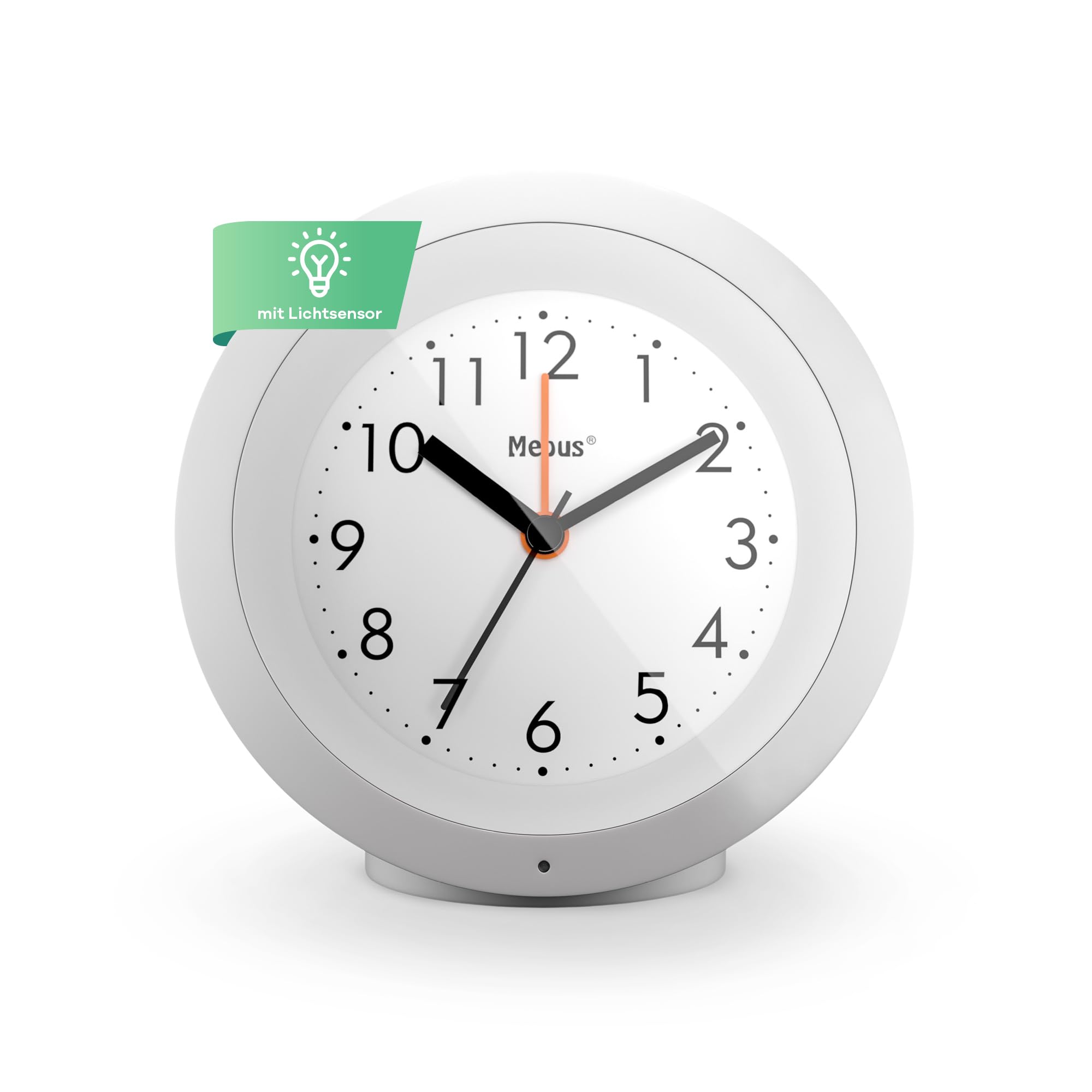Mebus Analogue Quartz Alarm Clock with Light Sensor, Repeat Alarm and Easy-to-Read Dial, Silent Non-Ticking, Round Shape, 10 cm Diameter, Material: Plastic, Colour: White, Model: 25629
