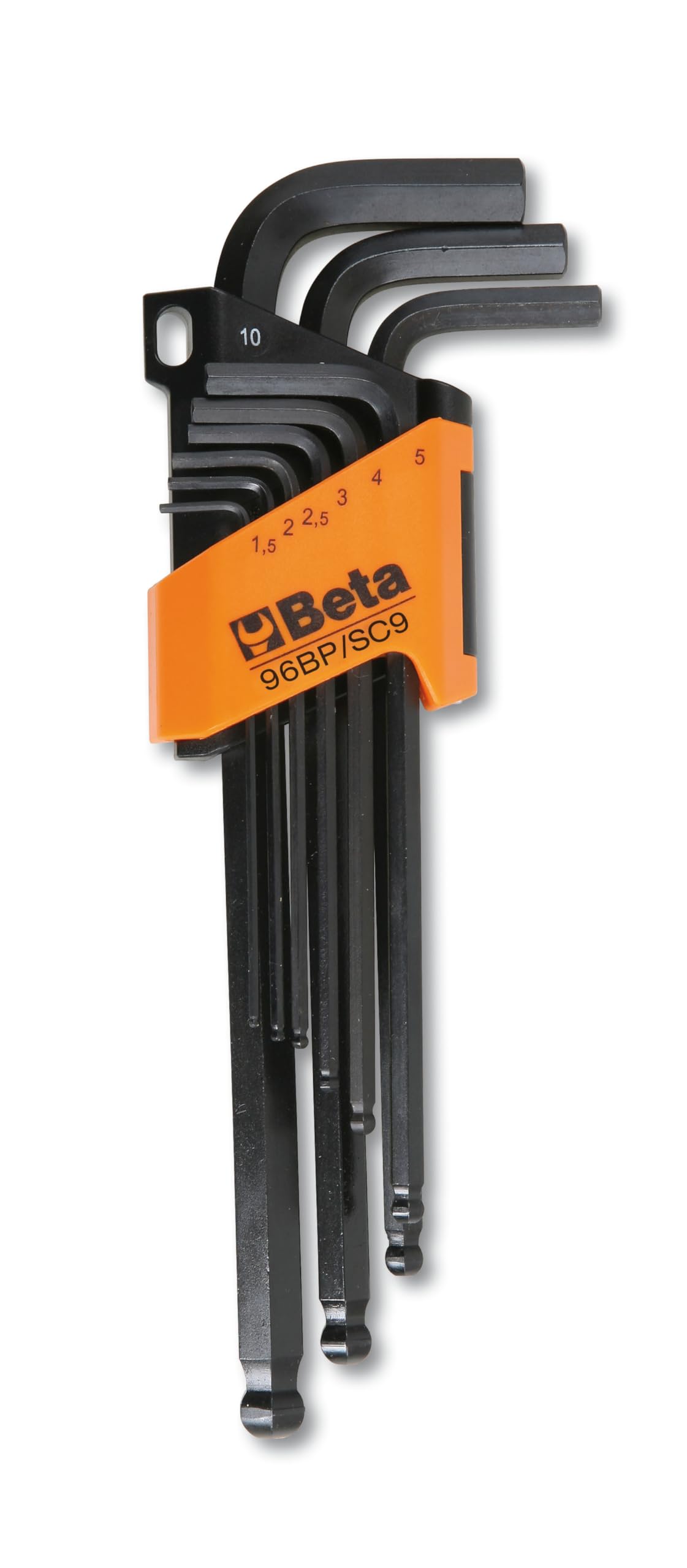 Beta 96BP/SC9 - Serie di 9 chiavi maschio esagonale piegate con estremità sferica (art. 96BP) con supporto | con supporto, brunite