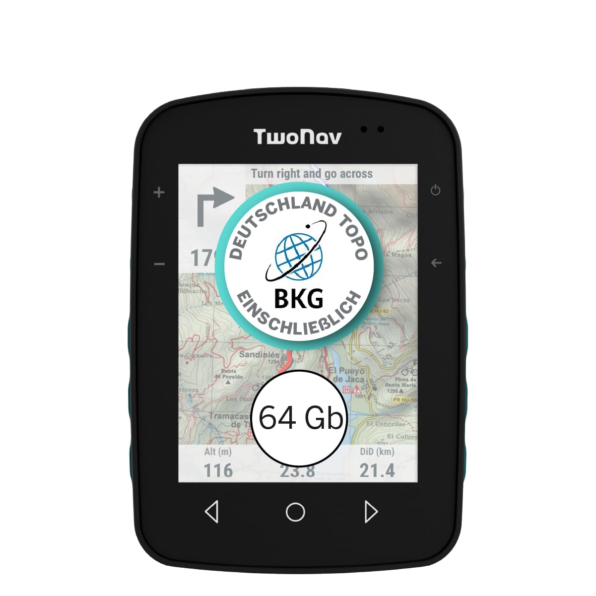 TwoNav Terra (64 GB) + Karte 1 Region Deutchland BKG Topo 1:25000, Outdoor GPS mit 3,7-Zoll-Breitbild für Berg, Wandern, MTB, Fahrrad oder Navigation