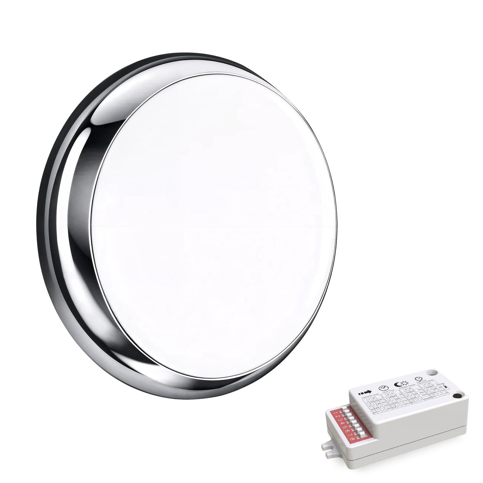 paul russells LED Ceiling & Wall Light Slimline Bulkhead, Adjust 12W/16W/20W - 120Lm/W, 3CCT 3000K/4000K/6500K, IP65, Chrome Bezel, Modern Security Sensor Light for Commercial, Hallway, Outdoor