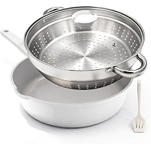 AIKENBBKK 12 Inch Ceramic Frying Pan Skillet with Steamer, Nonstick Saute Pan with Lid, Steamer Pan for Cooking, Induction Compatible, Detachable Handle, Oven Safe, PFAS PFOA & PTFE Free, White