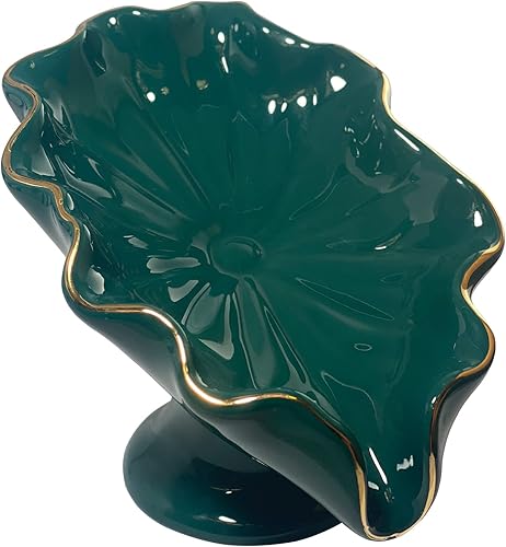 Jabonera de baño verde, soporte de jabón de hoja de loto, jabonera de cerámica para encimera, soporte de jabón autodrenante (verde)