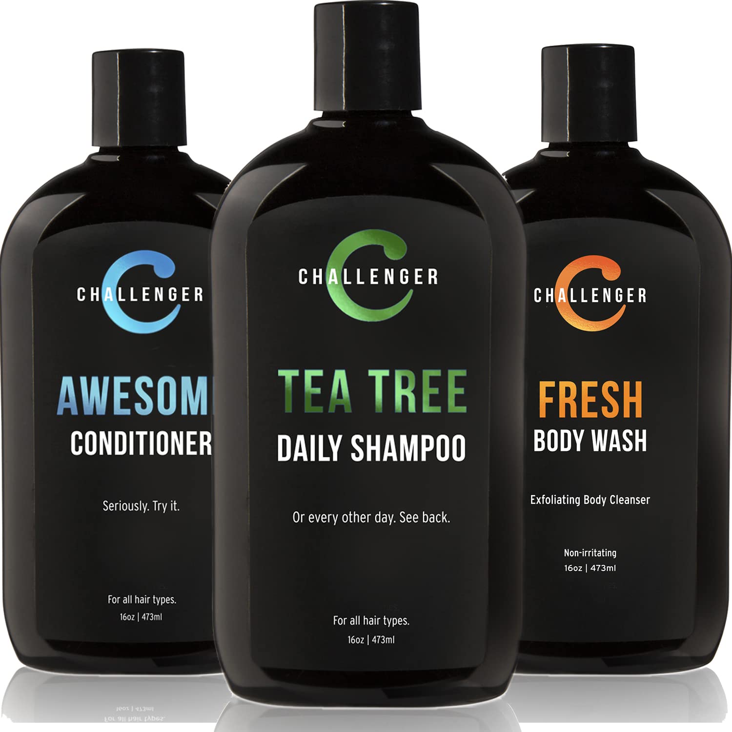 Challenger Men’s Tea Tree Shampoo, Conditioner, & Fresh Body Wash Trio, 3X 16 Oz Bottles | Sulfate Free w/Vitamins, Argan Oil, Biotin | Keratin,