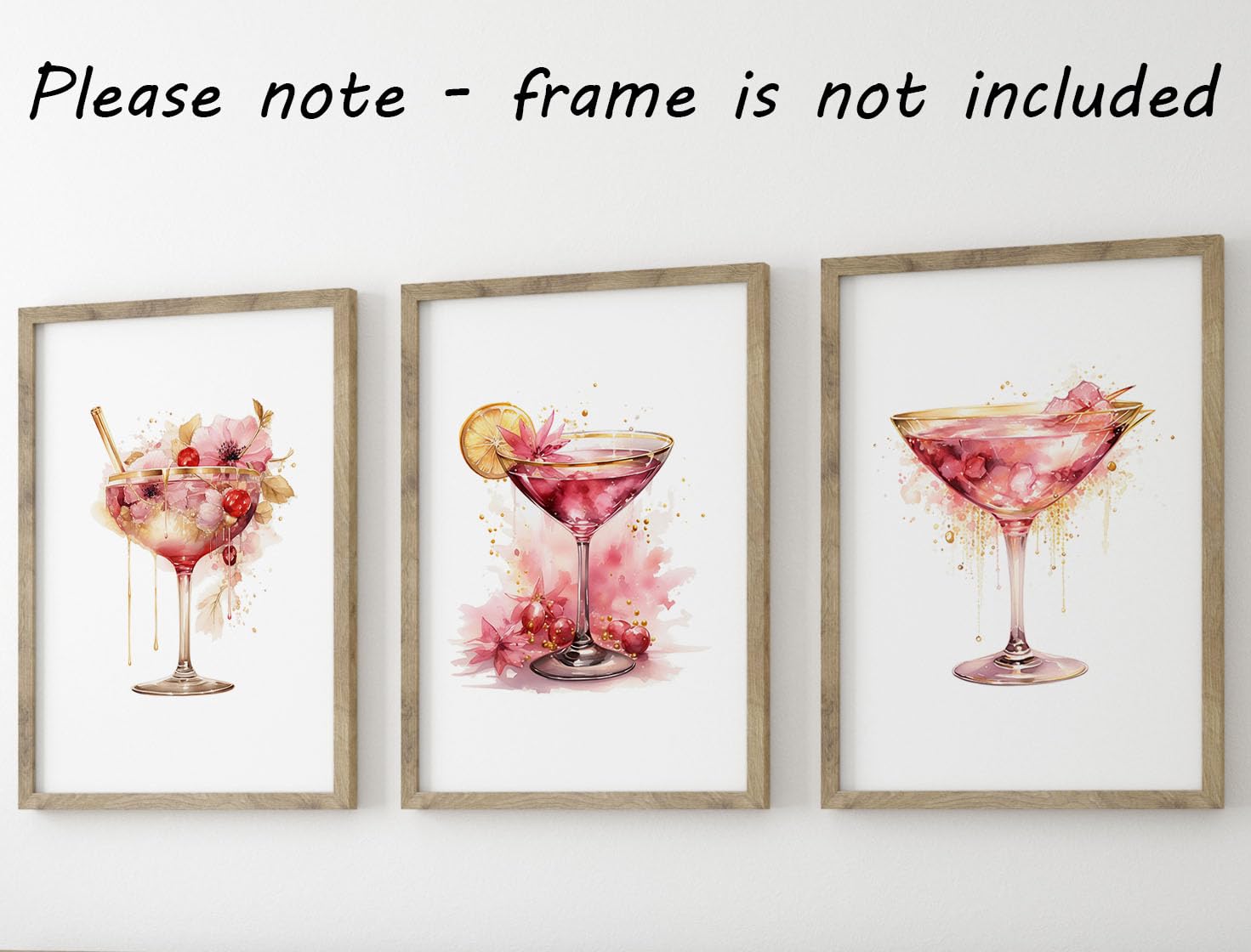 Pink Cocktails Set of 3 Unframed Wall Poster Prints, Beautiful Watercolour Design - Image 2