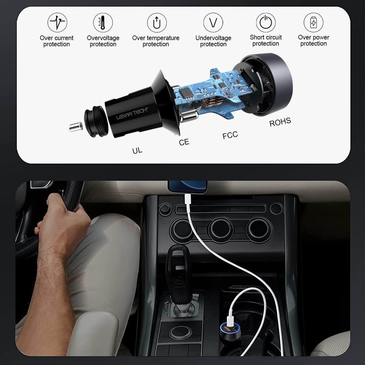 USB C Car Charger Fast Charging - LEXAA TECH 58W USB Car Charger Adapter Dual Port PD&QC 3.0 Compatible with iPhone 16 15 14 13 12 Pro Max X XR XS Samsung Galaxy Note 20/10 S24/S23/22/21 Google