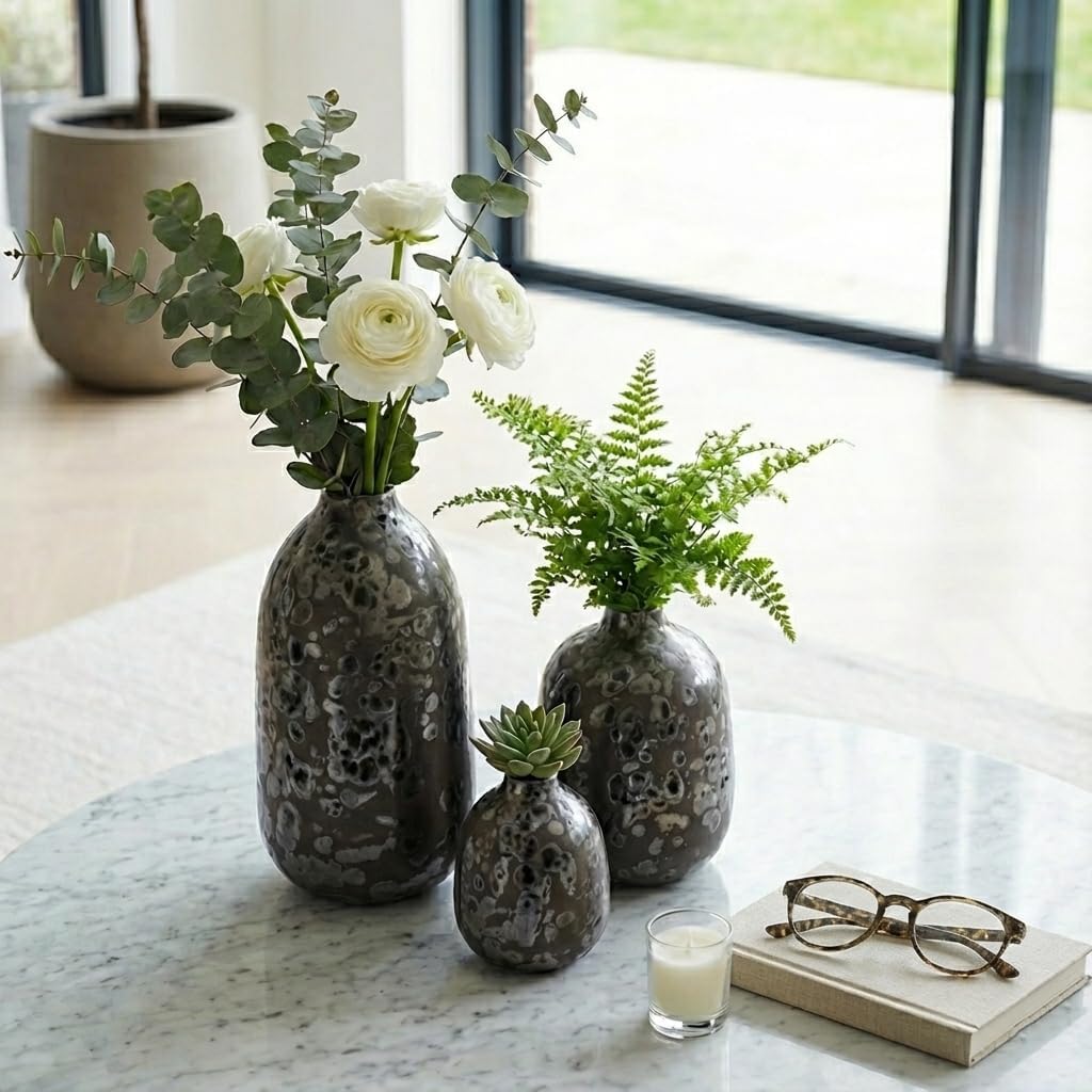 Contemporary Pottery Vase for Living Room Decor - Decorative Flower Vase for Bedroom, Kitchen Counter, and House Display - Home Decor Accent for Office Shelf and Table - Set of 3, 10", 7", 5", Black