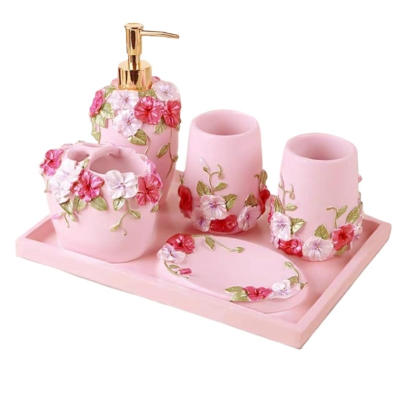 Accesorios Baño Set De Baño 6 Unids/Set Dispensador De Líquido Set De Accesorios De Baño Juego De Baño De Resina Soporte para Cepillo De Dientes Jabonera Juego Accesorios Baño(Pink)