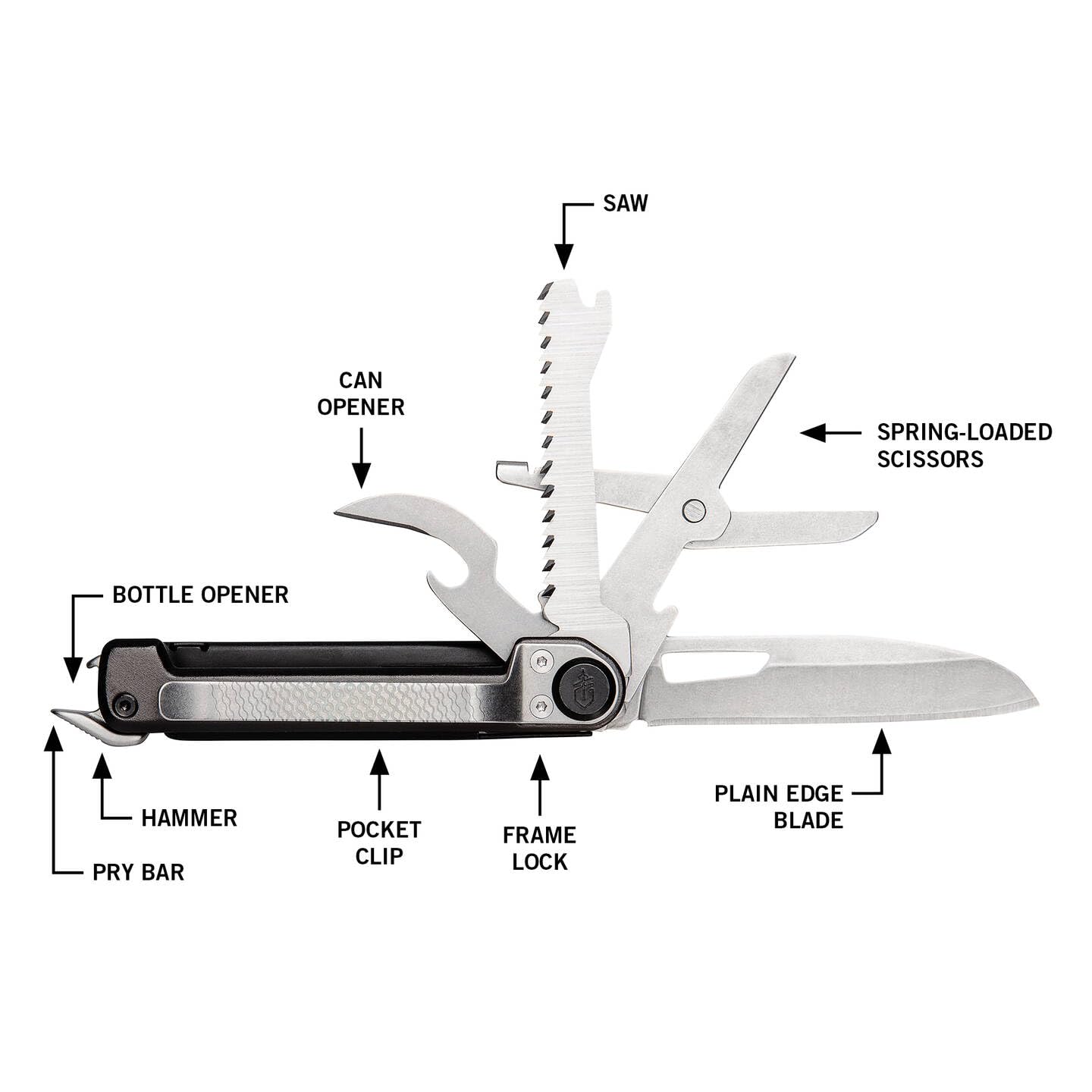 Gerber Navaja de bolsillo con 7 funciones, Multiherramienta con hoja lisa, Con tijeras y sierra, ArmBar Scout, Gris/Plata, Acero inoxidable/Aluminio, 1064399
