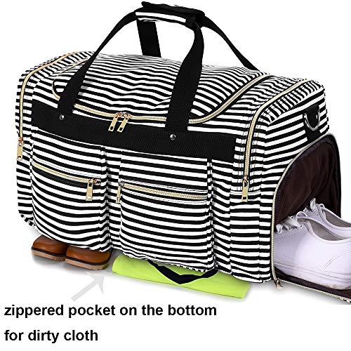 Weekender Overnight Duffel Bag Shoe Pocket for Women Men Weekend Travel Tote Carry On Bag (Stripe Black- 0.6cm)