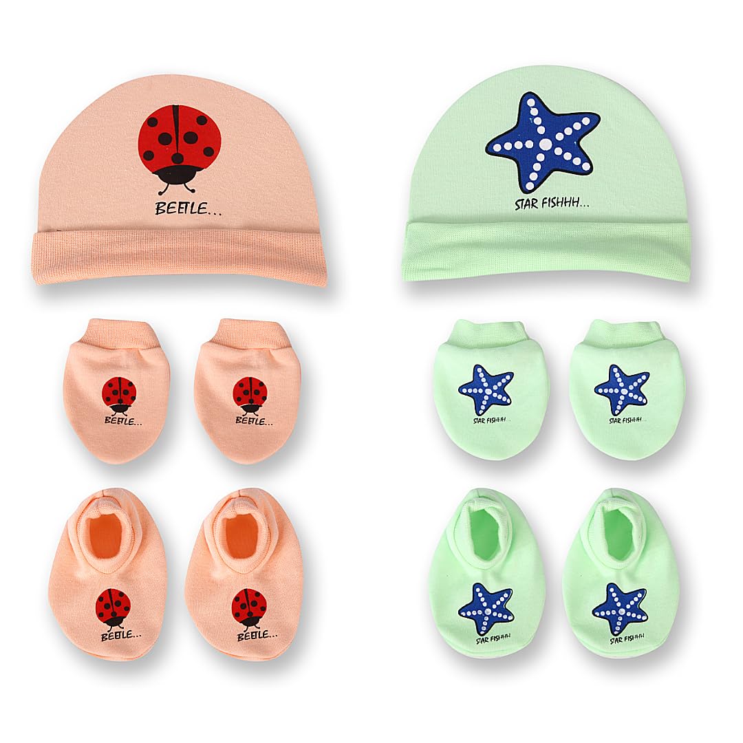 MOM'S DARLING Newborn Baby Cotton Cap, Mitten and Booties Combo Set | Newborn Cap Set | Baby gloves Set | Baby socks Set | Kids Gloves & Socks Set | 0-6 Months | Pack of 2 Sets, Multicolor.-image-23