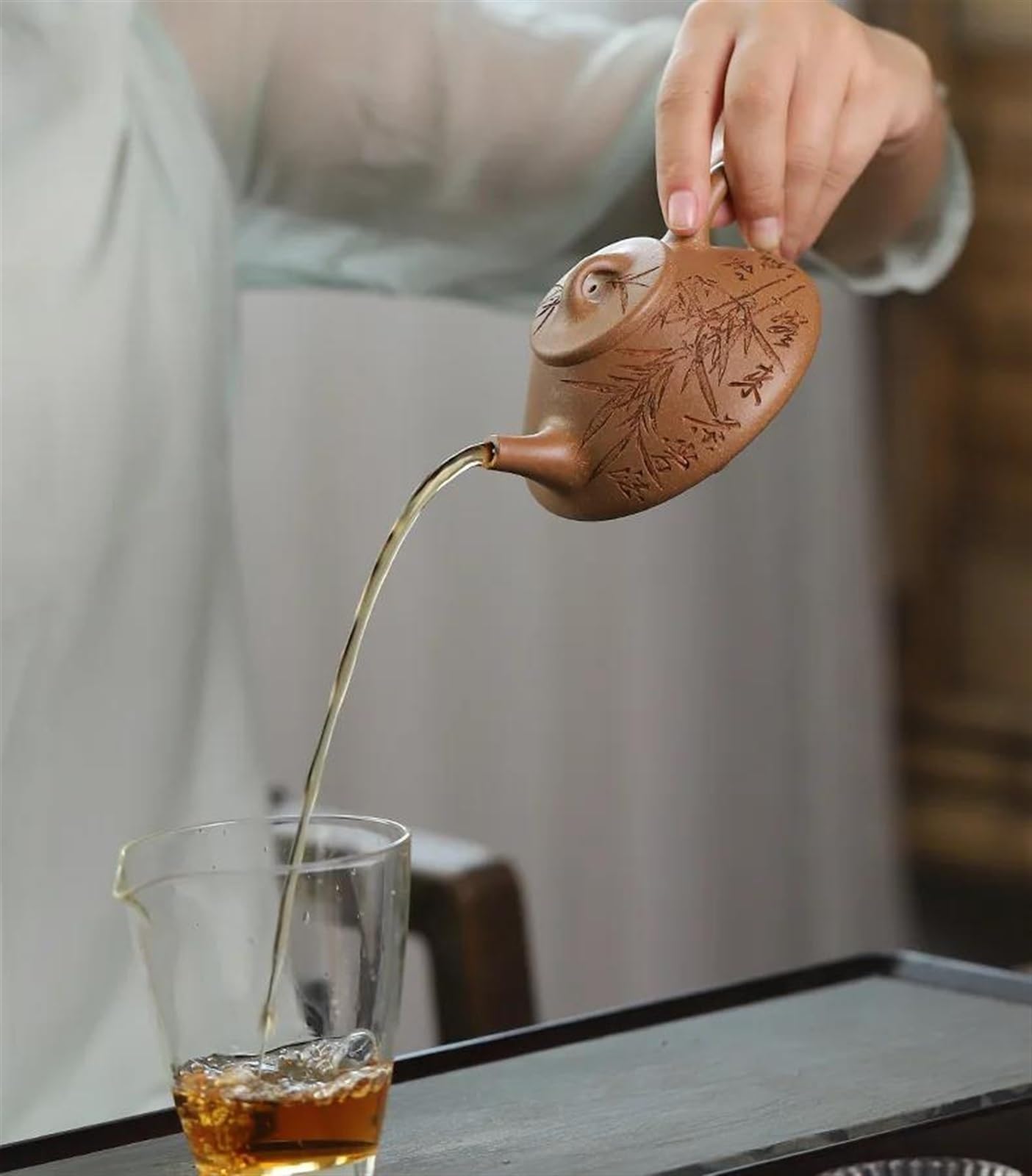 Juegos de té Juego de té Chino Zisha de 150 ml, Tetera Hecha a Mano con diseño de Hojas de bambú, Tetera de Arcilla Morada con Forma de Cuchara, Juego de té de Viaje, Tetera