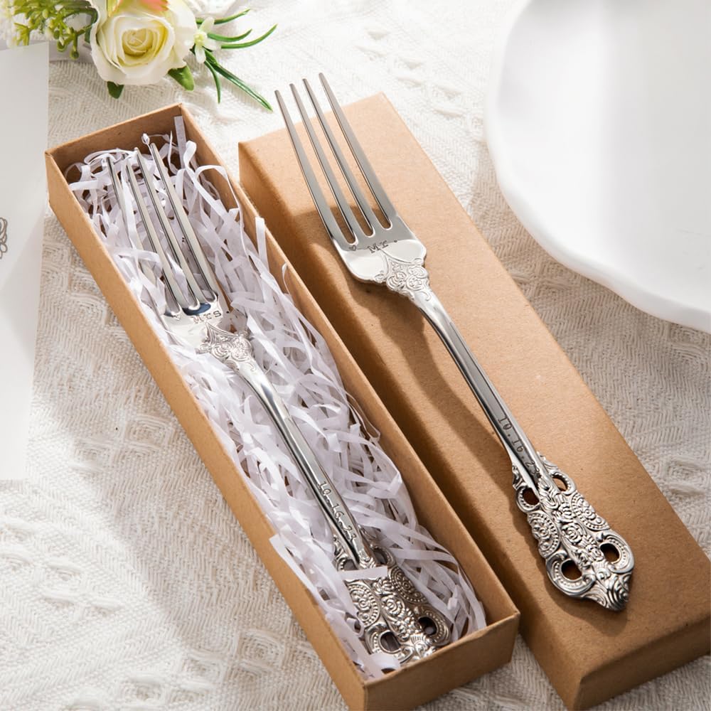 Personalized 2Pcs Forks for Wedding, Custom Engraving Text Stainless Steel Wedding Cake Forks with Box Gift for Couples Bride and Groom