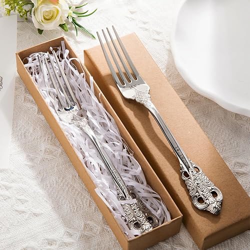 Miniatura 4 de callie Juego de 2 tenedores de boda personalizados con fecha grabados con fecha, cubiertos plateados vintage personalizados resistentes para pastel