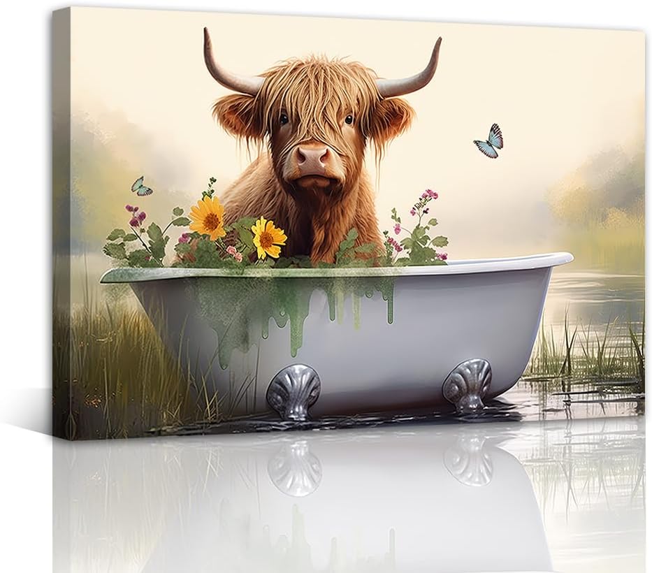 Highland Cow Bathroom Canvas Wall Art Funny Cow in Bathtub Picture Prints Farmhouse Animal Paintings Modern Artwork for Toilet Washroom Decor Framed(Bathroom-4,20.00" x 30.00")