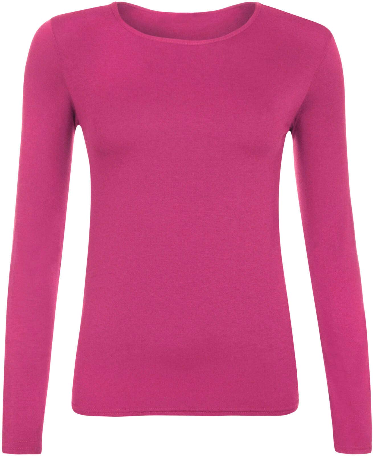 Ladies Women Basic Long Sleeve Plain Round Neck Ladies Stretch Plus Size Top T Shirt (Cerise, ML)