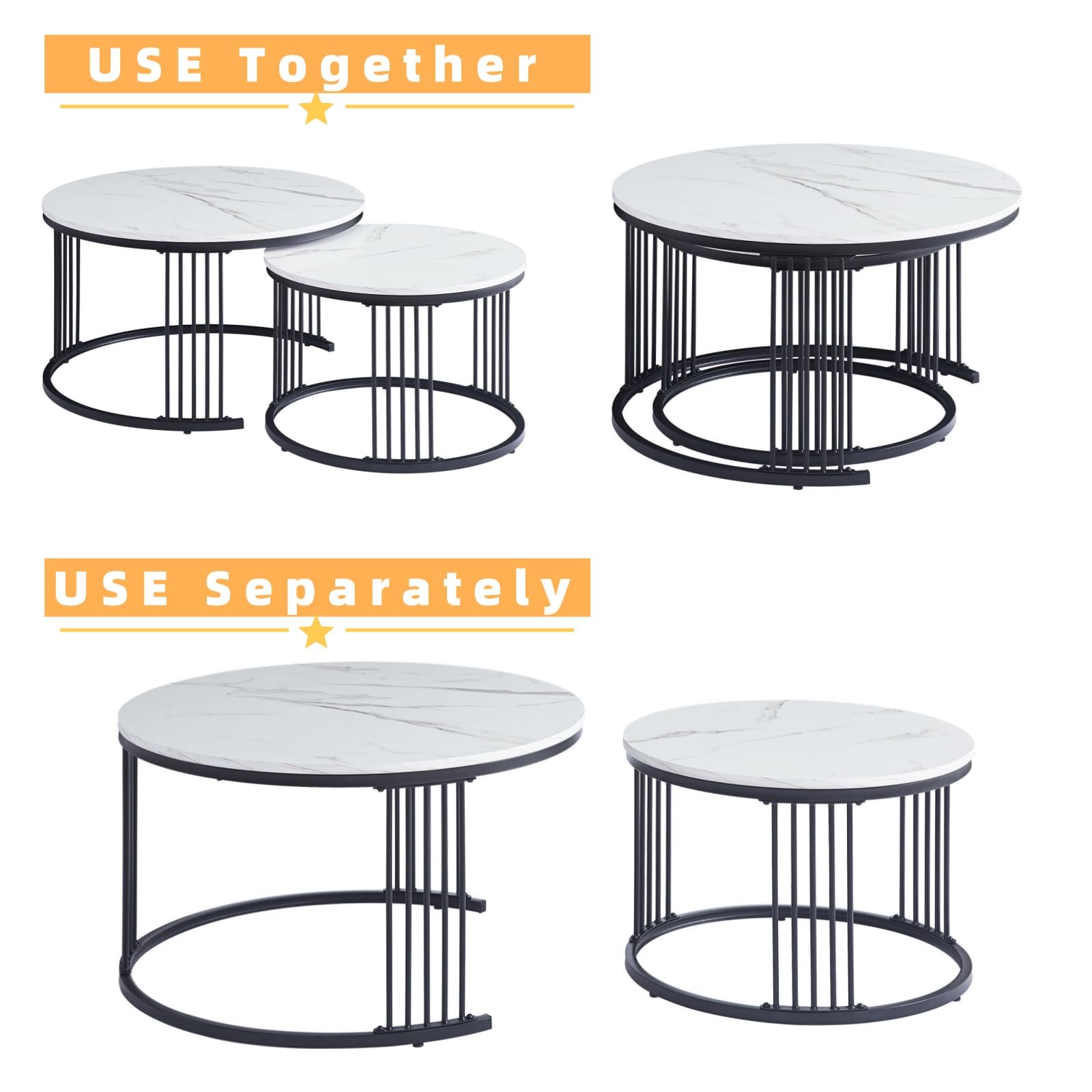 Set di 2 Tavolini Salotto Rotondi Moderni, Impilabili Salvaspazio, Struttura Metallo, Piano Marmo Impermeabile, 80cm+60cm, Bianco e Nero