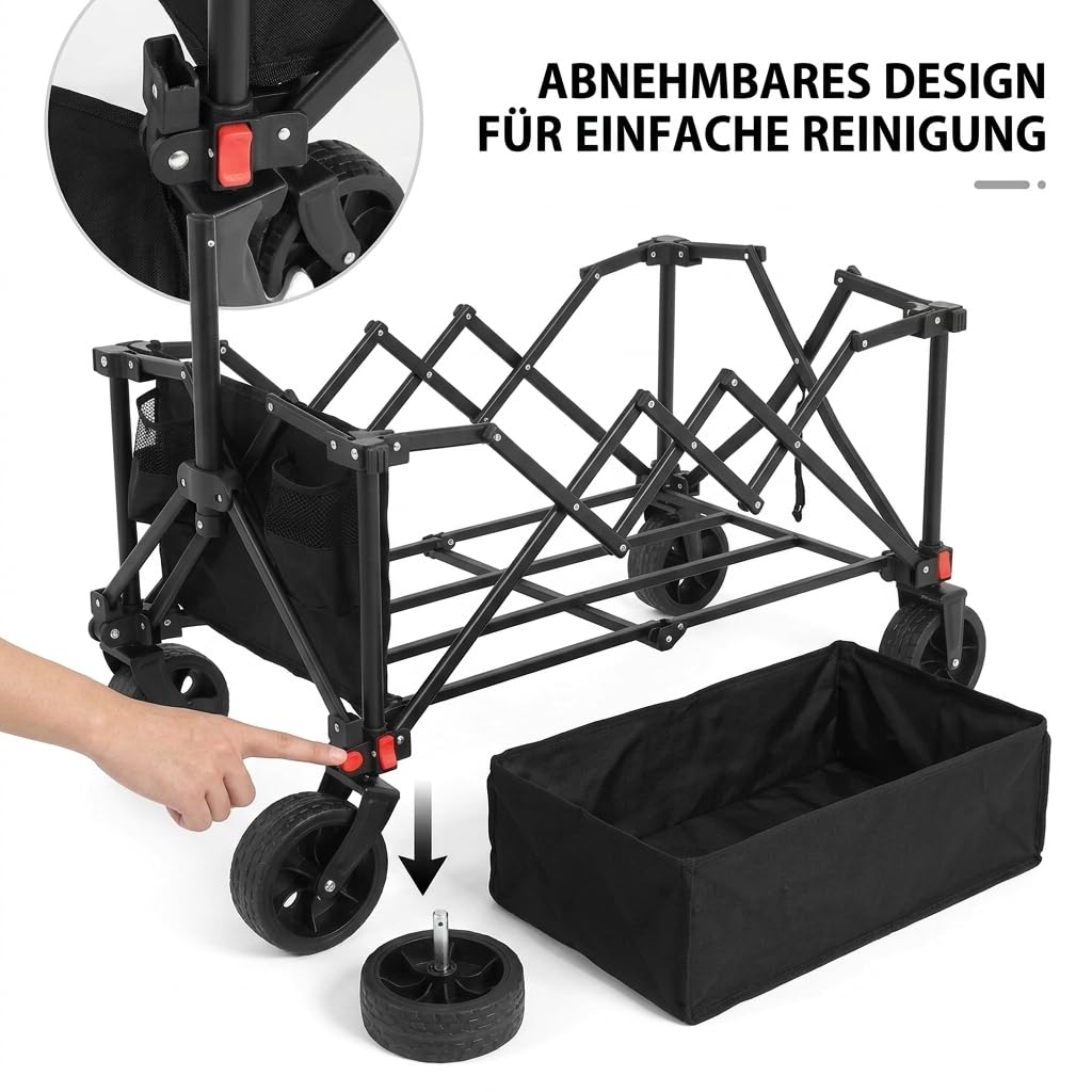 Faltbarer Bollerwagen mit All-Terrain-Rädern, Schwerlast Gartenwagen aus Stahlrahmen mit Verstellbarem Griff, Outdoor Transportwagen für Camping Einkaufen Sport Angeln, Schwarz