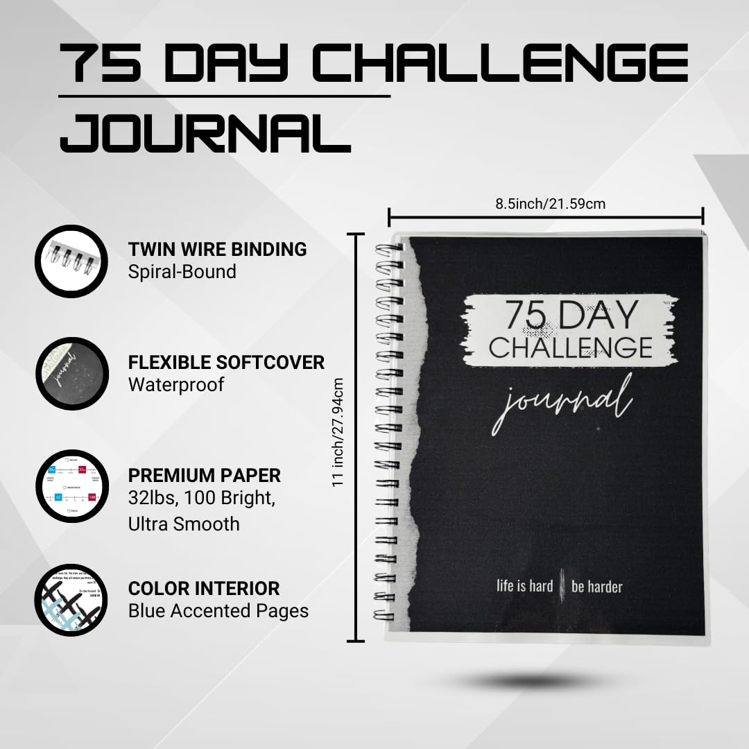 75 Day Challenge Journal, 8.5x11 inch Spiral-Bound Fitness Tracker with Daily Nutrition Log, Body Measurement Charts, Weight Loss Progress Tracker