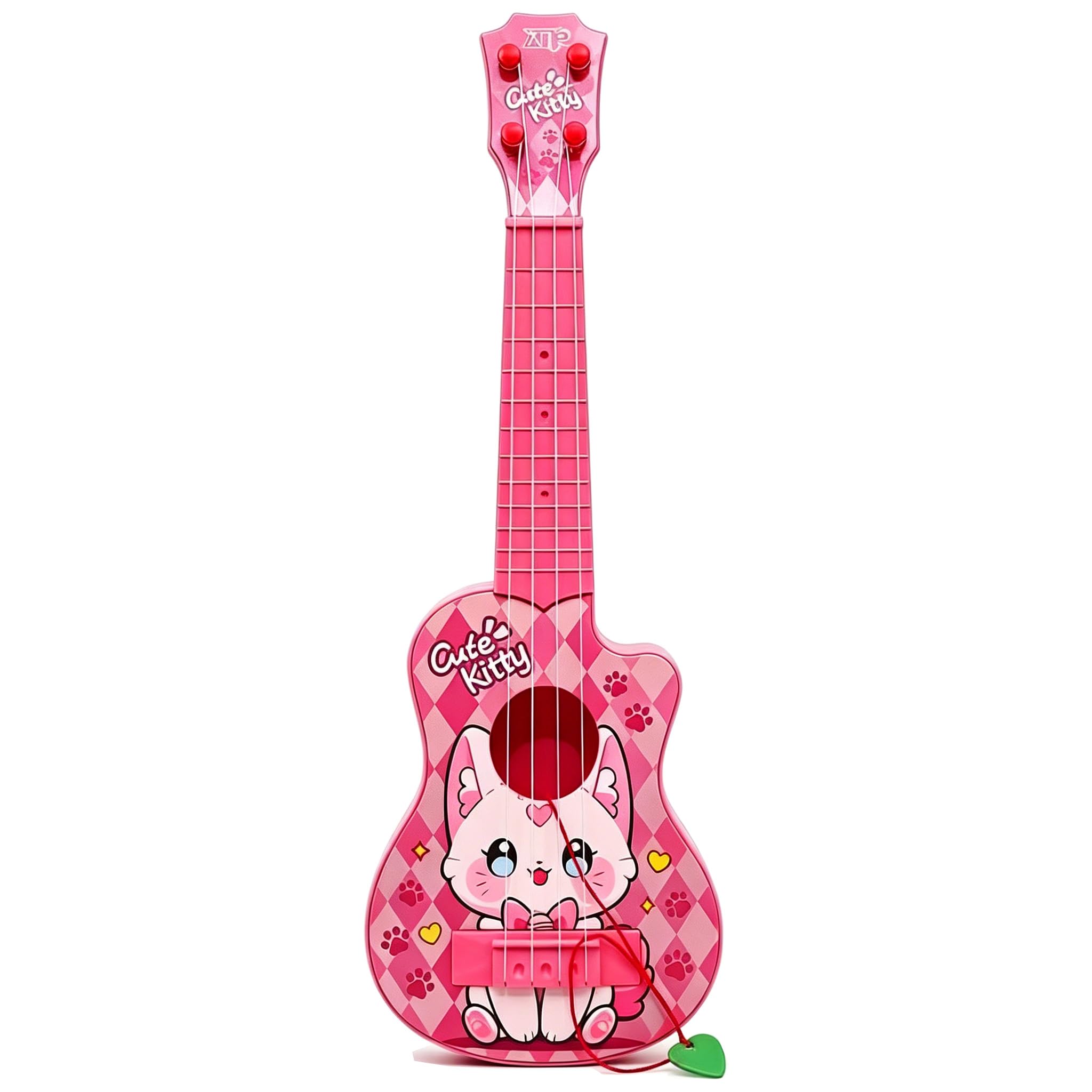 LeeQee Kinder-Ukulelen-Gitarre für Kleinkinder 3–6, 43,2 cm, Pink Kitty Spielzeuggitarre | 4 weiche Nylonsaiten mit Plektren, einfach für kleine Hände, Anfänger Musikinstrument für Vorschuljungen und Mädchen
