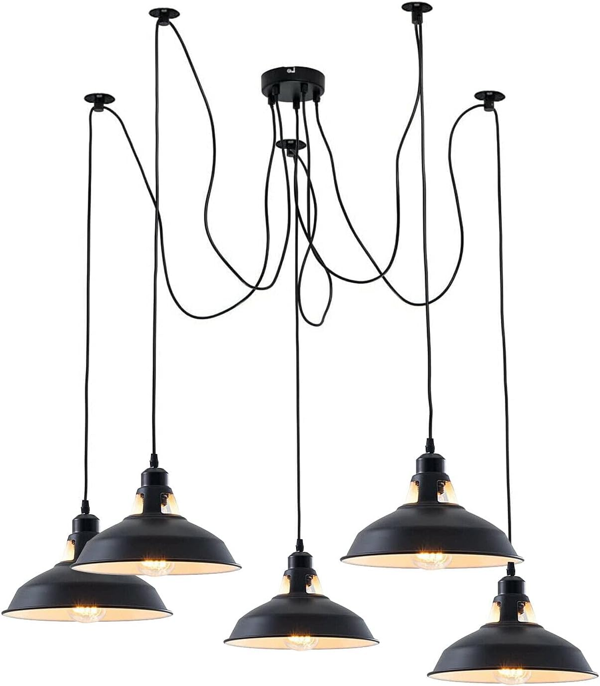 LEDSone Industrial 5 Head Spider Pendant Light, 21cm Black Inner White Barn Ceiling Chandelier, 195cm Adjustable 3 Core Cable, E27 Lamp Holder, Hanging Lamp for Kitchen, Bar, Loft, Living Room