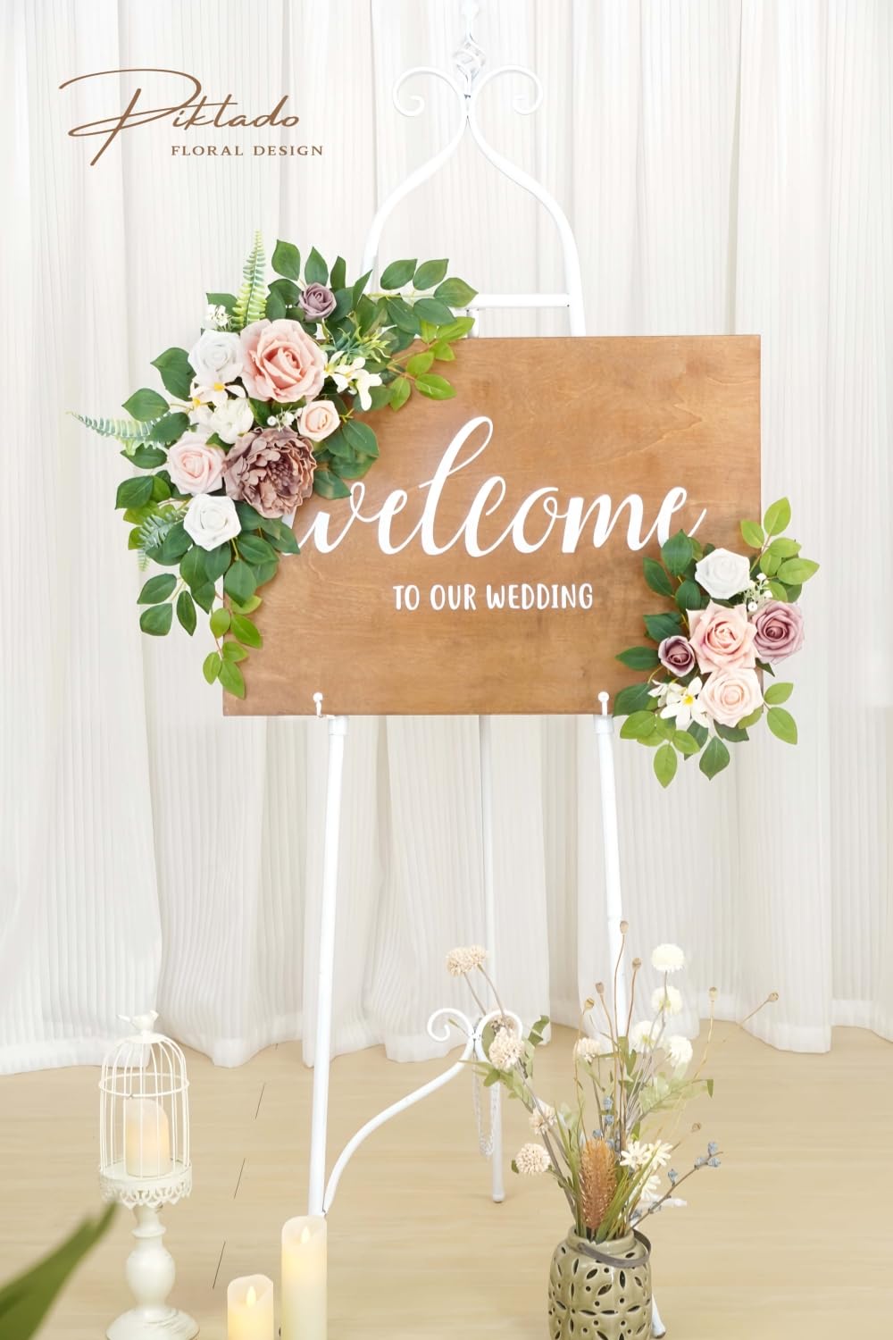 Hochzeitsdekoration (2 Stück) Willkommensschild, Blumen-Hintergrund, Girlande für Zeremonie, Empfang, Wandstaffelei, Heimdekoration, Eingangsbereich, Kunsttafel, Tischdekoration, (Dusty Rose)