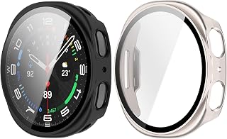 RuenTech 适用Samsung Galaxy Watch 8 手机壳(PC材料+钢化玻璃),三星盖乐世 手表8 (40毫米/44毫米)用保护套 一体式保护壳 保护膜 安装简单 高透过率 防擦伤 减震 全面保护 (哑光黑+哑光星光,Watch 8 44毫米)