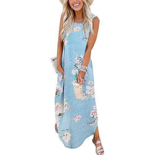 ANRABESS Women Casual Loose Sundress Sleeveless Split Maxi Long Beach Shirt Dress Travel Vacation 2024 Summer Outfits