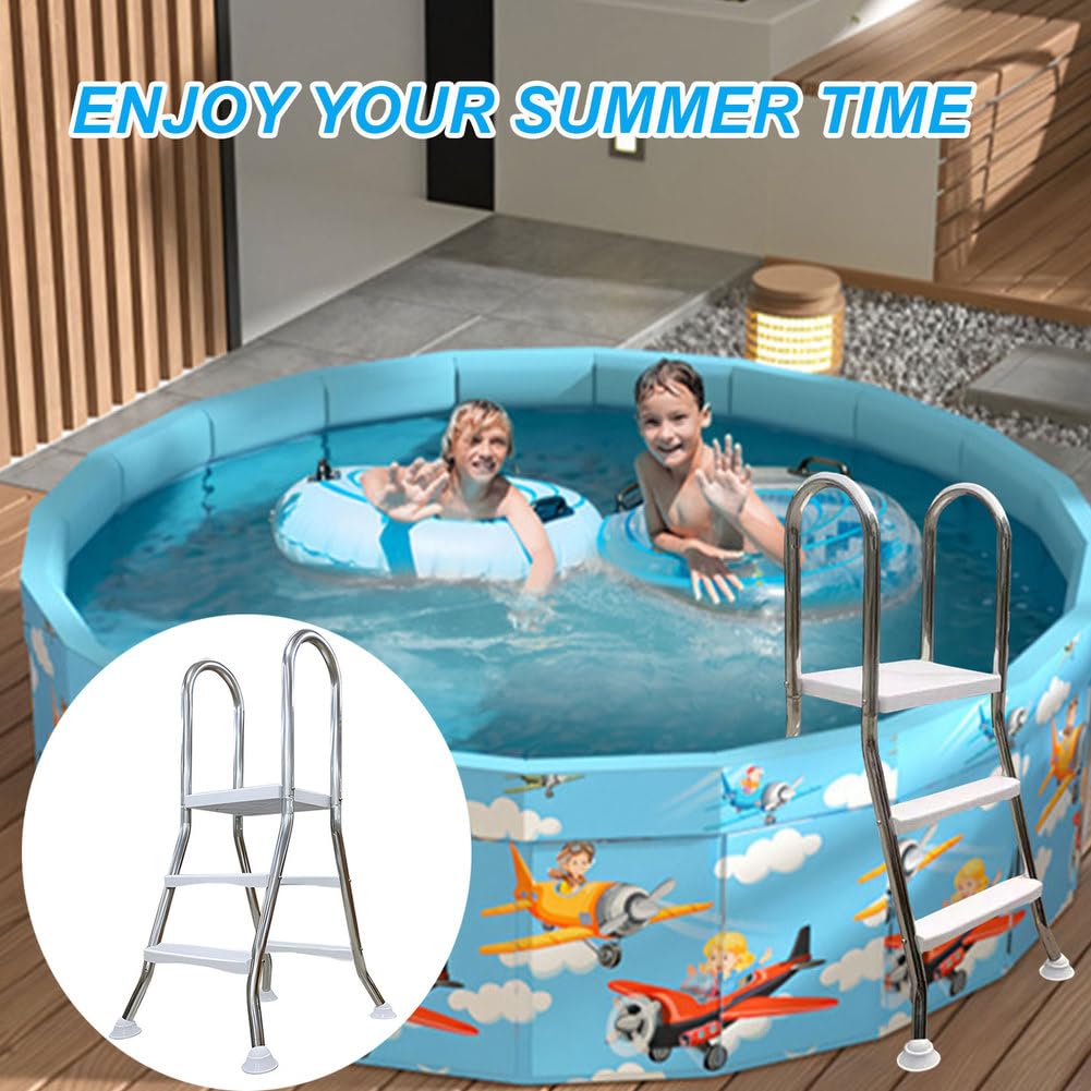Scala per piscina fuori terra, telaio in acciaio inox resistente a 2 gradini per pareti da 83,8 cm, ingresso e uscita antiscivolo con piedini rotanti, 85 cm