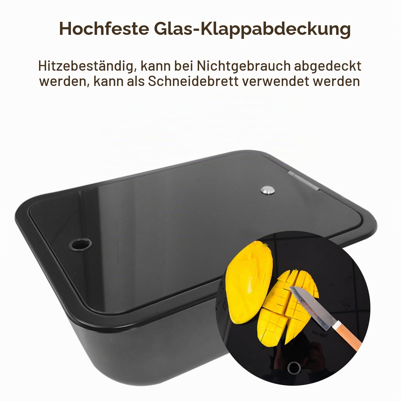 Camping Waschbecken mit Glasdeckel, RV Wohnmobil Spülbecken, Edelstahl 304, mit Ablaufgarnitur, Klapphahn Inklusive, für Wohnmobilanhänger, Yachten, 380 X 280 X 146 Mm, Schwarz