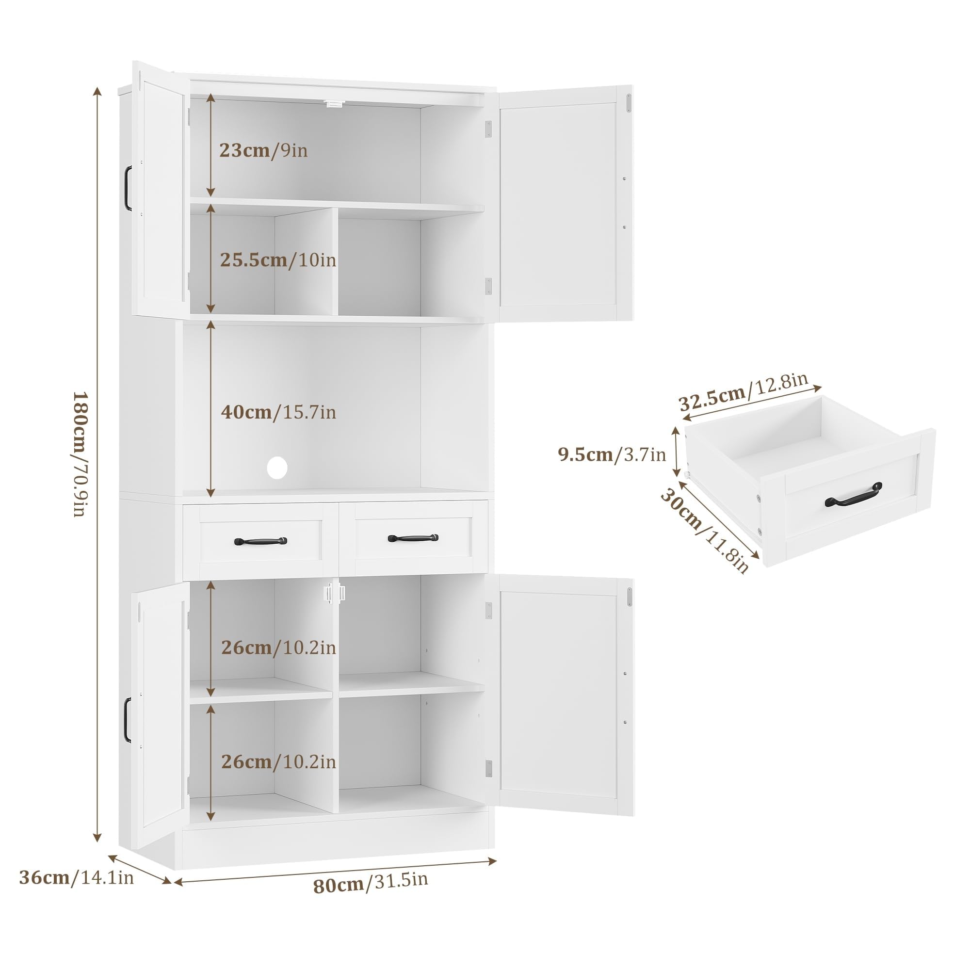 HOCSOK Credenza Cucina, 180cm Mobile Dispensa Cucina, 4 Ante 2 Cassetti | Armadio Buffet con Foro per la Gestione dei Cavi, Vetrina Cucina con Ripiani Regolabili, Bianco