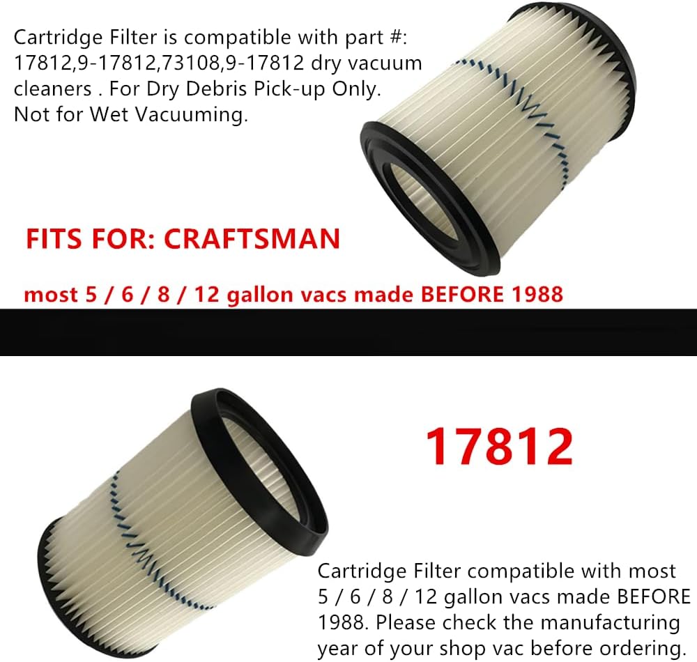 2 PACK KLEAN AIR 17812 Replacement Blue Stripe Cartridge Filter Compatible with Crafts man Replace Part 17812 9-17812 73108 Pleated Paper Vacuum Dirt Filter for most 5,6,8,12 gallon vacs before 1988