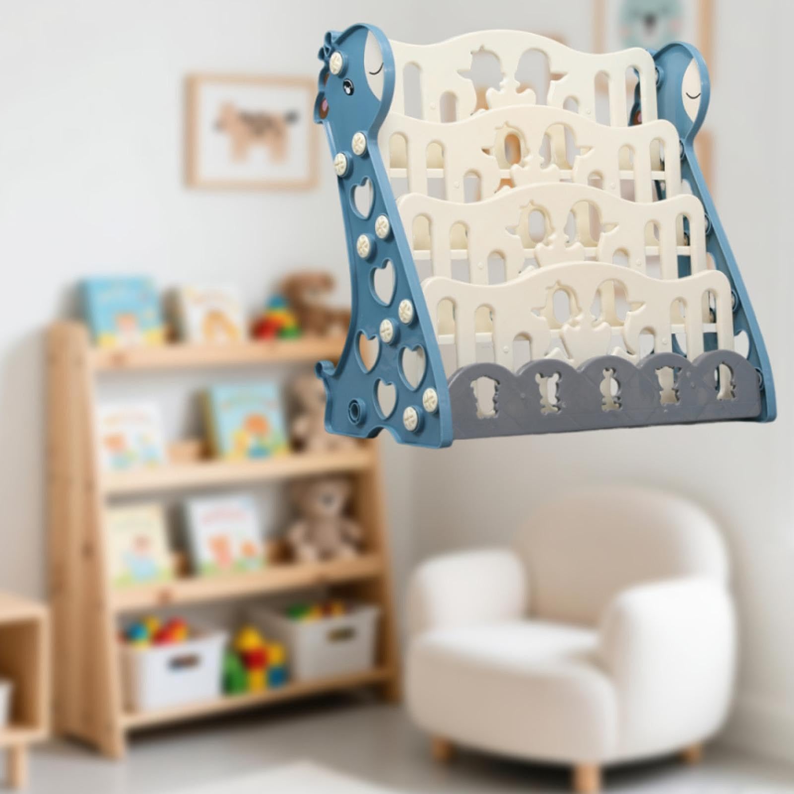 Libreria per bambini, da raggiungere, compatta, con libri di cartoni animati, porta libri illustrati per aule, nido, Blu 4 Livelli
