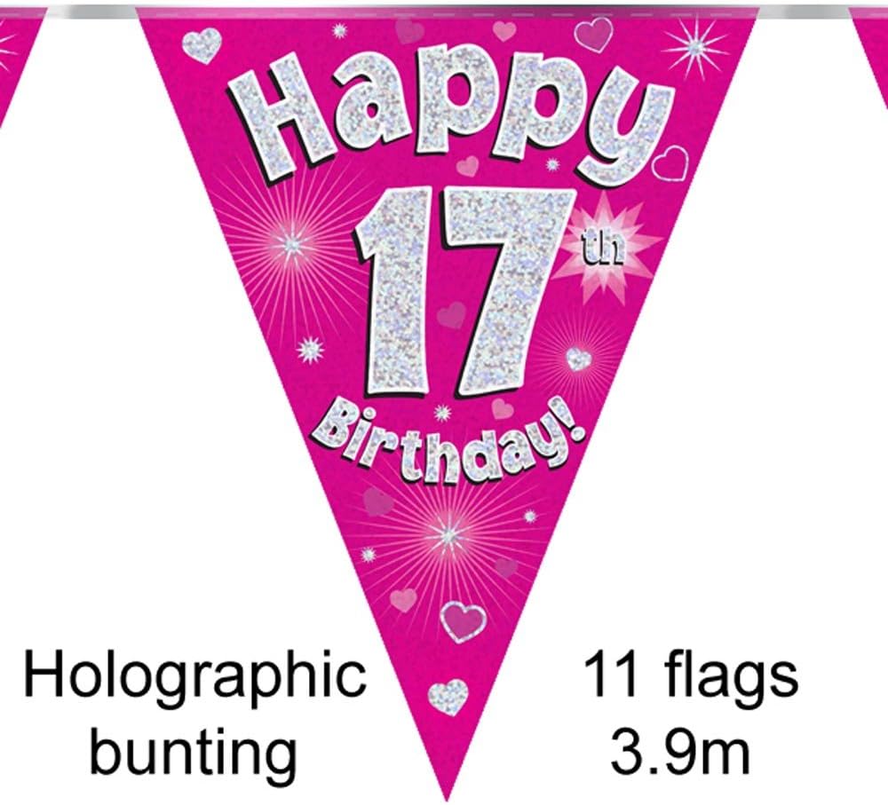 Party Bunting Happy 17th Birthday Pink Holographic 11 flags 3.9m
