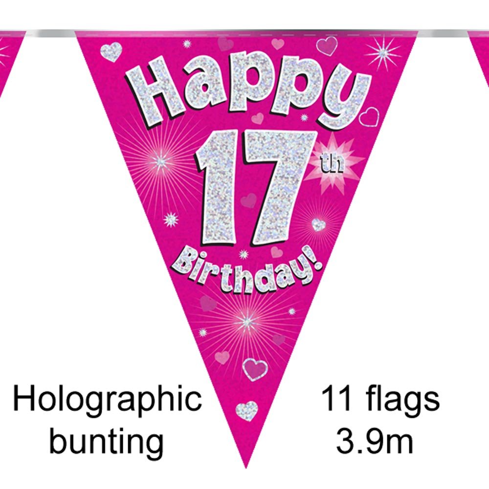 Party Bunting Happy 17th Birthday Pink Holographic 11 flags 3.9m