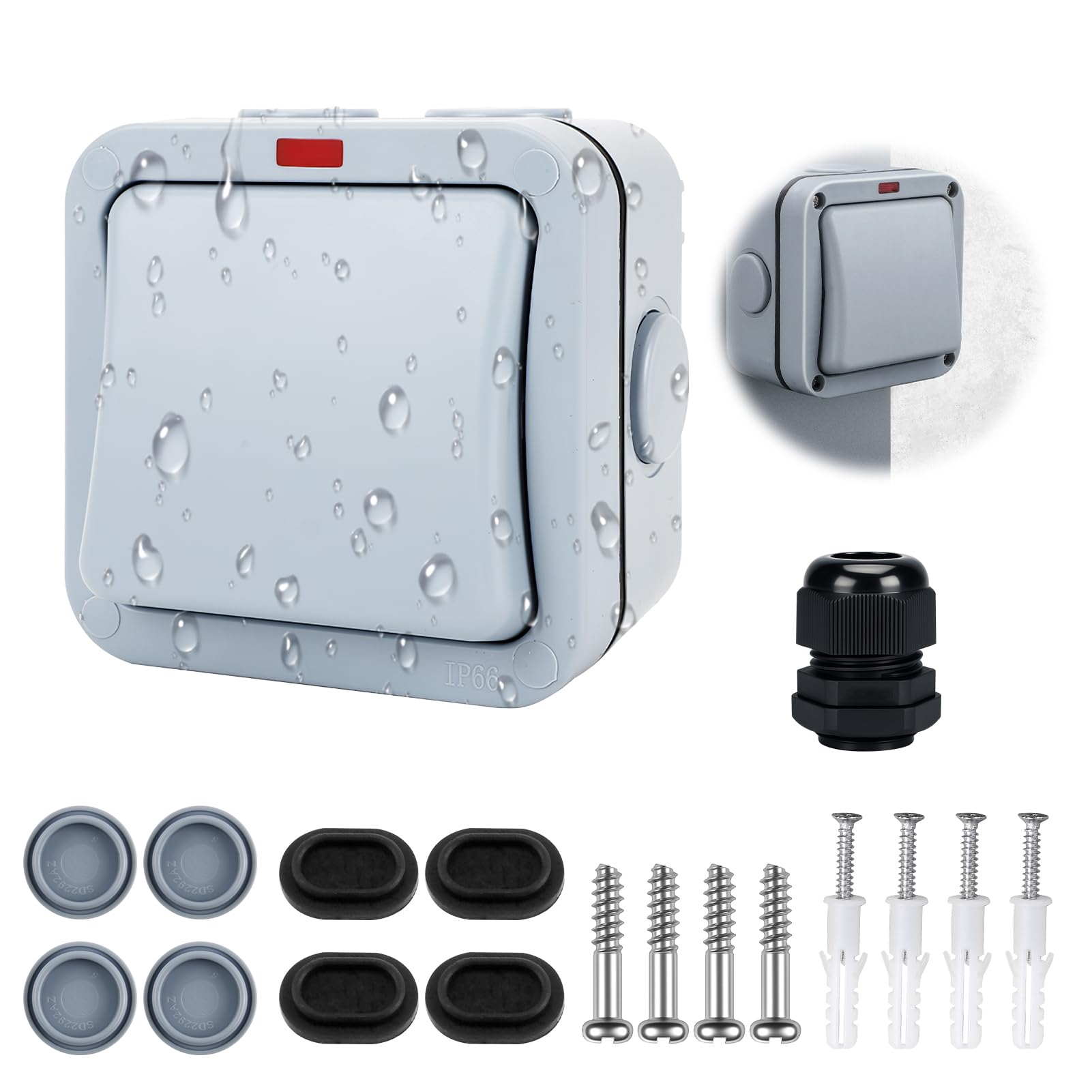 Interruptor de Pared Impermeable IP66 20A Universal Resistente a la Intemperie con Cubierta Antipolvo para Exteriores Jardín Taller