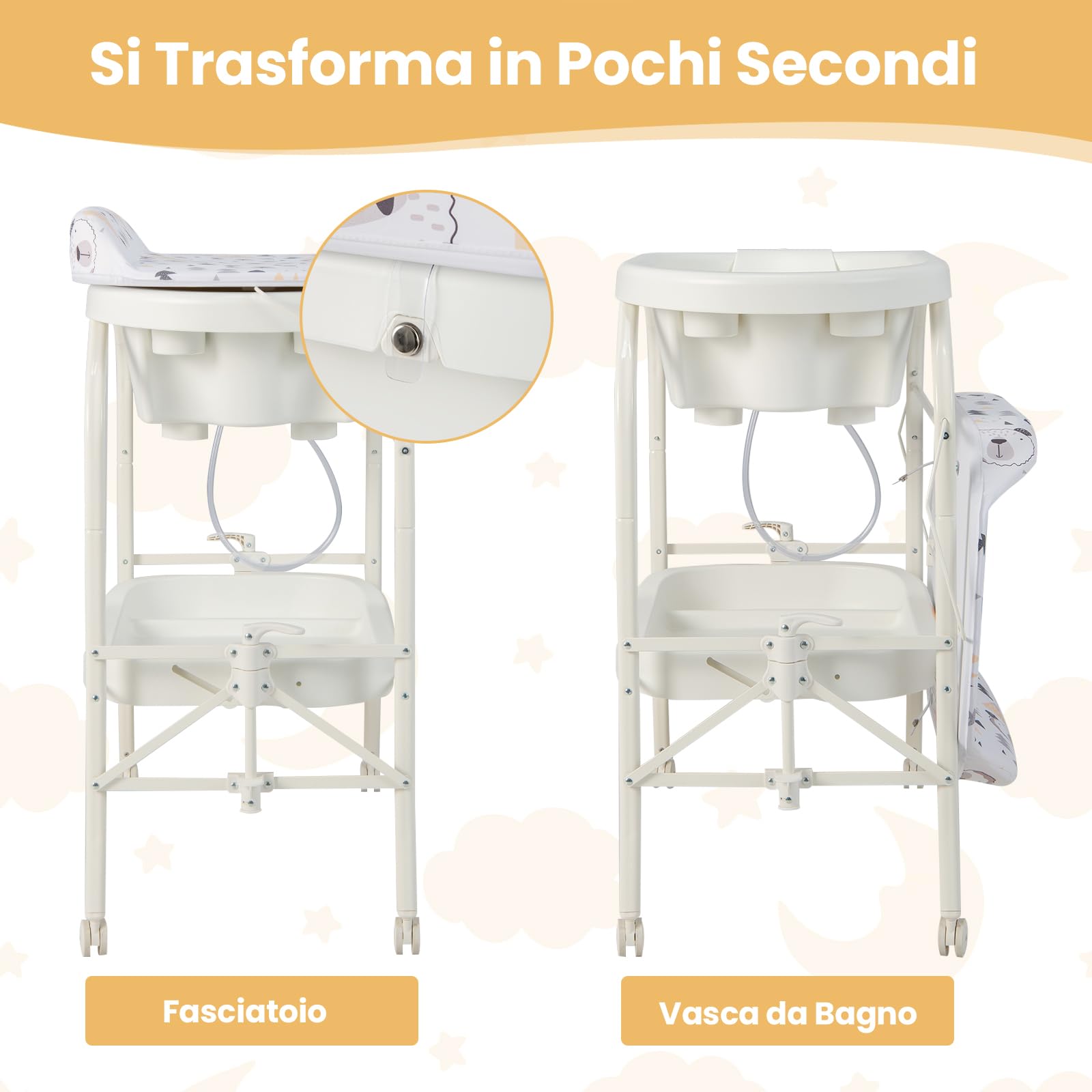 GYMAX Fasciatoio da Bagno per Bagnetto, con Vassoio Portaoggetti, Ruote con Freni, Pieghevole Salvaspazio con Materassino in PVC Ruote, 0-12 Mesi fino a 11kg, 86 x 54 x 104,5 cm (Bianco)