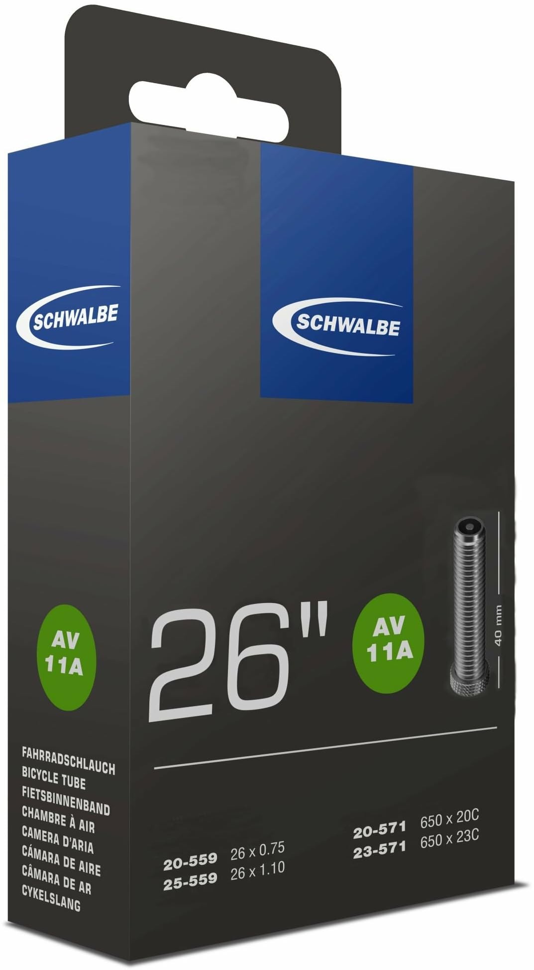 Schwalbe STU017 Inner Tube - Black, 26 x 3/4, 1.00 Inch
