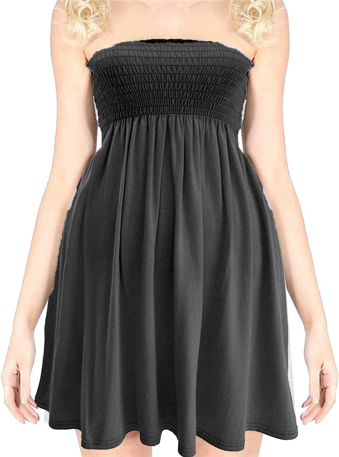 Naz Fashion Women's Black Sheering Gather Bandeau Boobtube Plain Top Mini Dress Uk 12 To 14