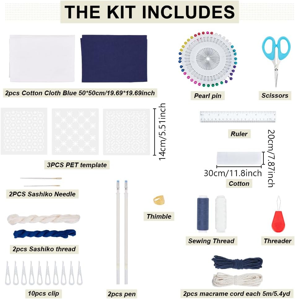 ORIGACH 3 Set Sashiko Drawstring Bag Kit with Instruction for Beginners Adults Easy Sashiko Kit with Sashiko Stencil Japanese Sashiko Embroidery Bag DIY Sewing Bag Gifts for Friends Mums