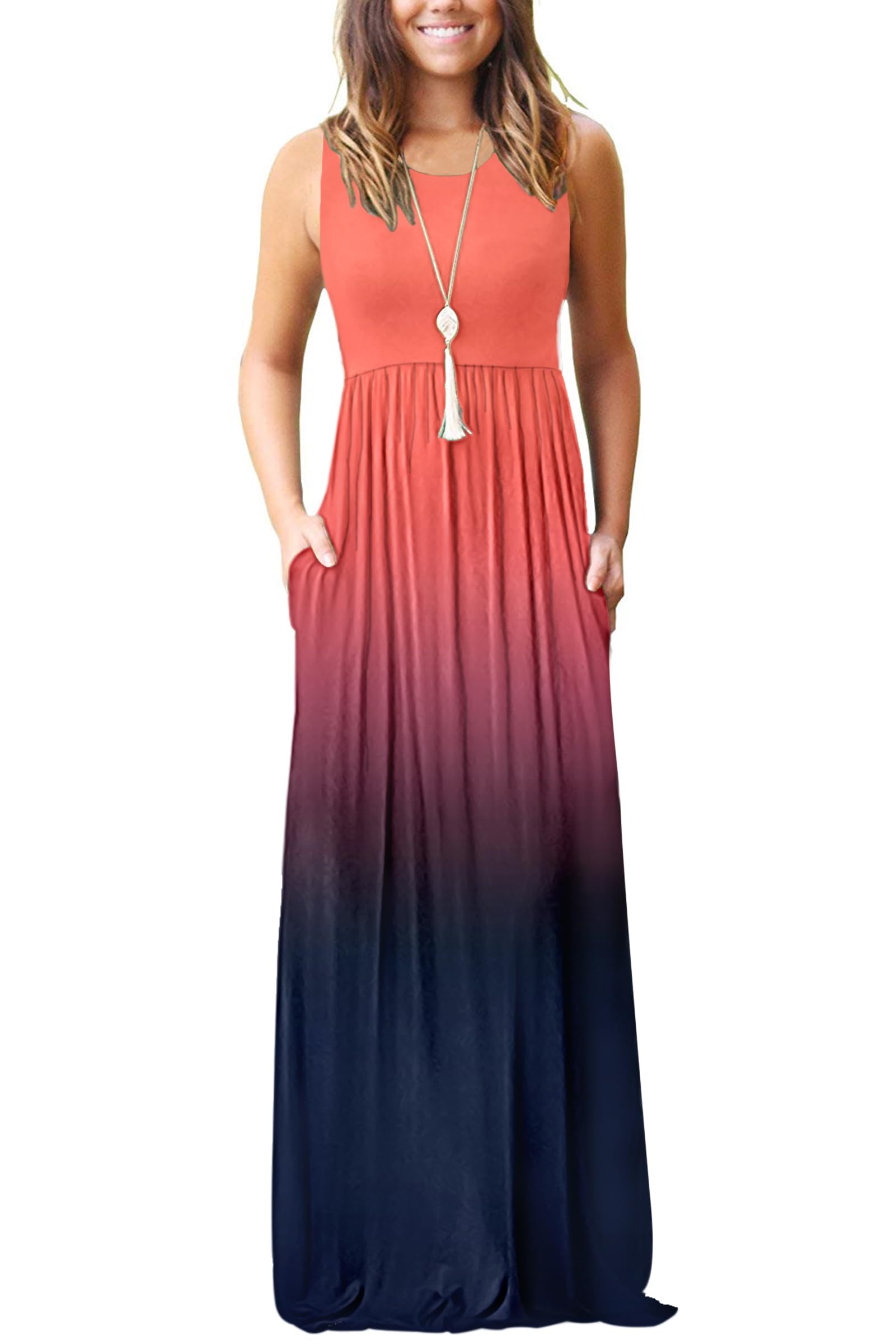 AUSELILY Women's Summer Sleeveless Loose Plain Casual Long Maxi Dresses | Year Round wear solid floral print, Casual daily wear, Empire waist, Floor length, Side pockets New