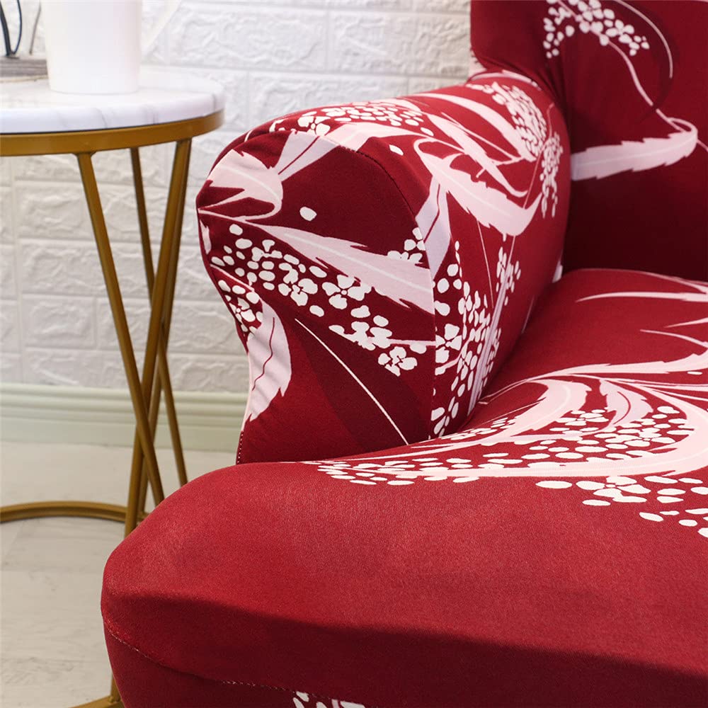 Housse De Fauteuil à Oreilles Extensible 2 Pièces Highdi - Couverture Protection Imprimée Fleur Rouge Avec Housse De Coussin