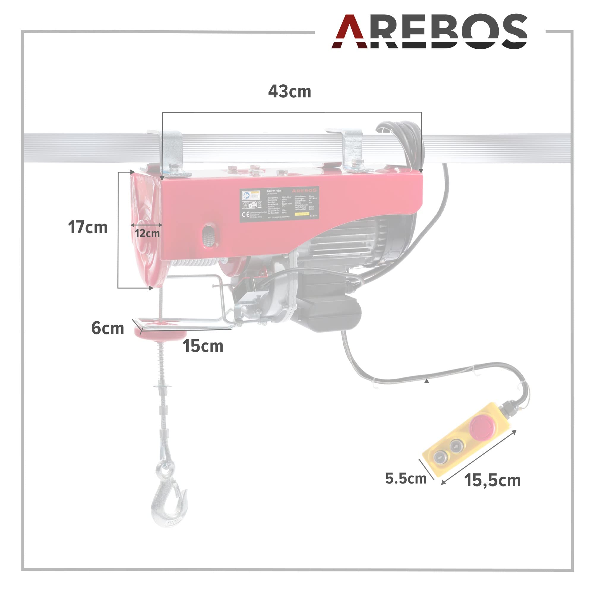 Arebos Elektrische Seilwinde | Seilzug | Seilhebezug | Motorwinde | Flaschenzug | Hebezug| Elektrischer Kettenzug mit Kabel-Fernbedienung | Hubhöhe 12m | GS | Tragkraft 500kg bis 1000kg